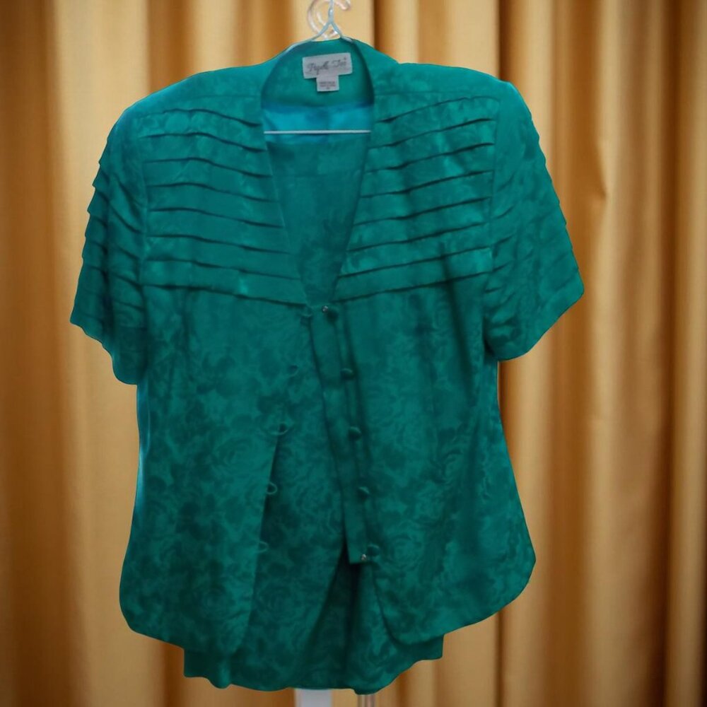 Papell Too Womens Emerald Green 100% Silk Floral 2 Piece Skirt Set